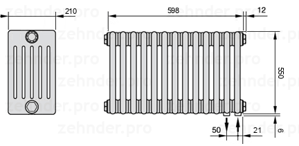 Схема (чертеж) Радиатор Zehnder Charleston 6055/13 №5510 Белый глянцевый RAL 9016